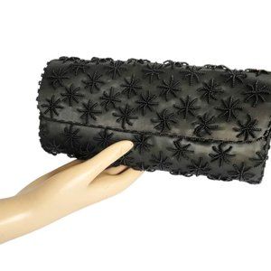 Black Satin Completely Beaded Long 1960s Vintage Clutch Evening Bag Purse